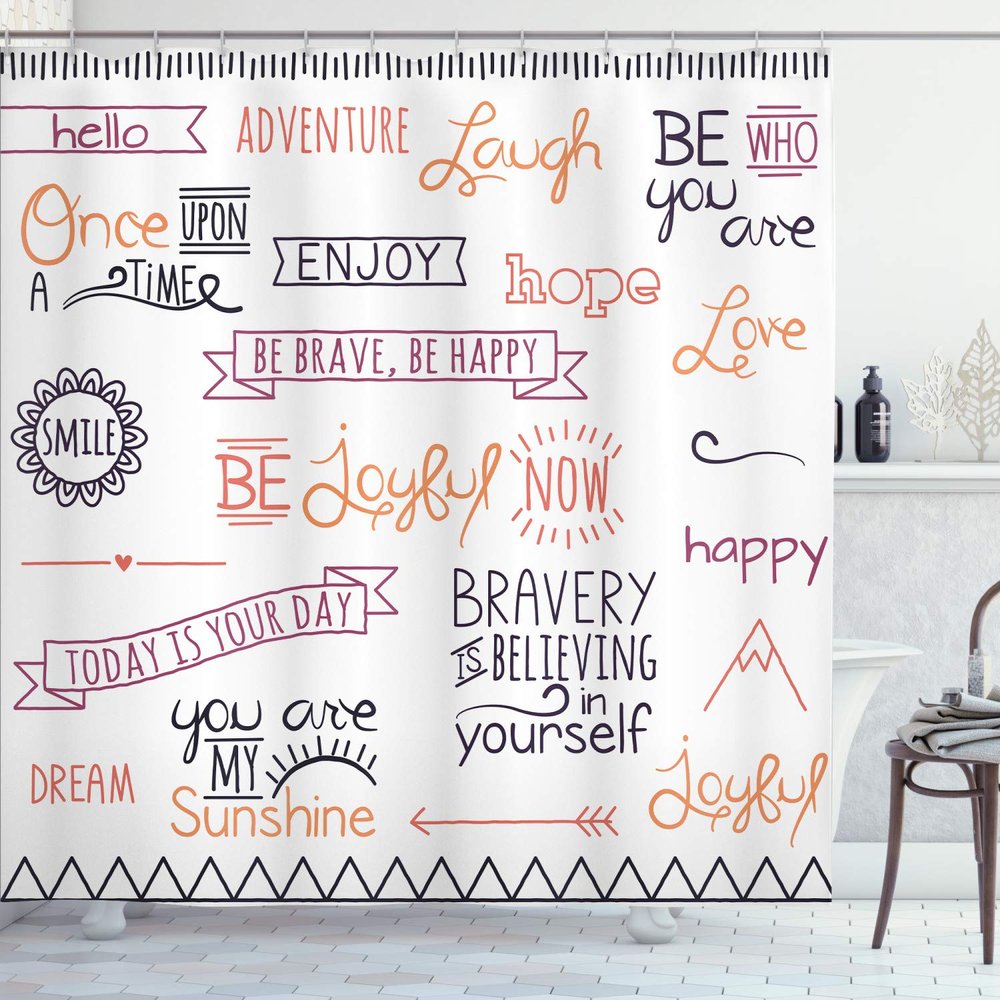 Ambesonne Adventure Shower Curtain, Various Words on Happiness and Self Value Uplifting Phrases Being Who You are, Cloth Fabric Bathroom Decor Set with Hooks, 69" W x 84" L, Pale Ruby