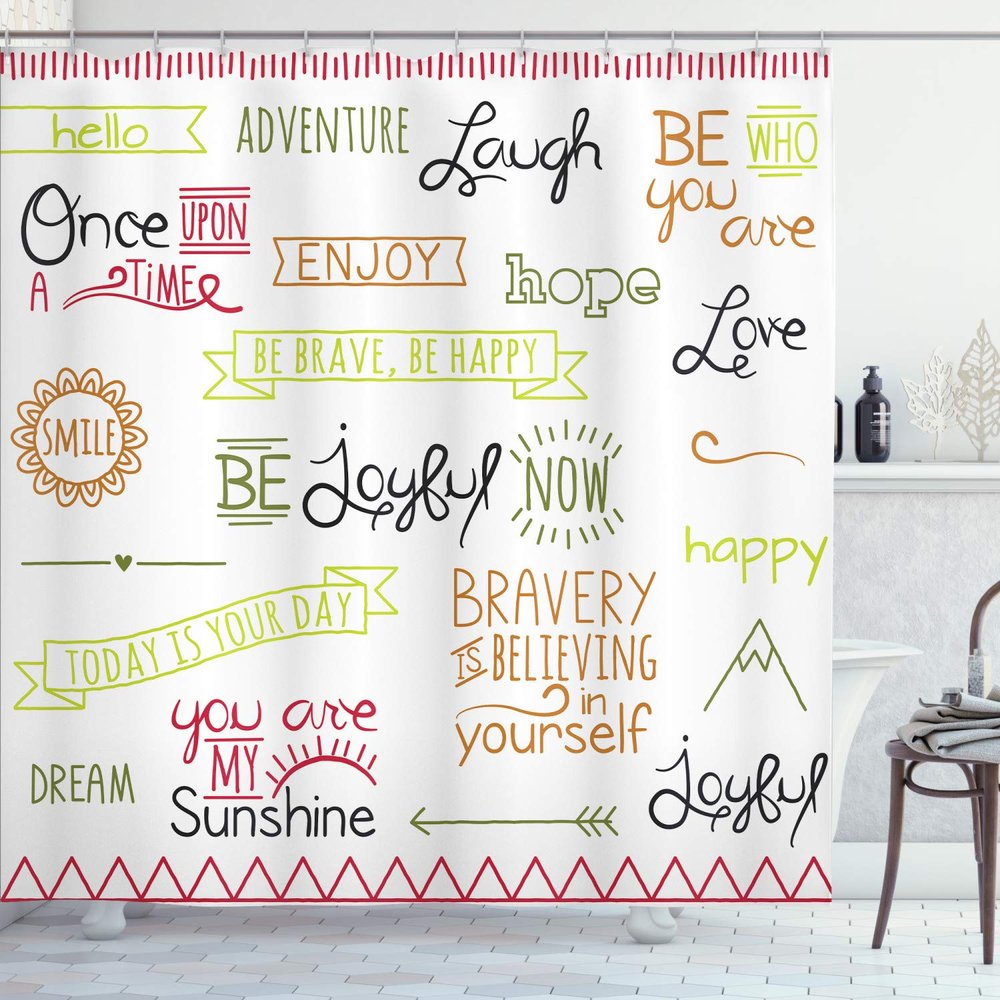 Ambesonne Adventure Shower Curtain, Various Words on Happiness and Self Value Uplifting Phrases Being Who You are, Cloth Fabric Bathroom Decor Set with Hooks, 69" W x 84" L, Pale Green