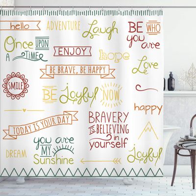 Ambesonne Adventure Shower Curtain, Various Words on Happiness and Self Value Uplifting Phrases Being Who You are, Cloth Fabric Bathroom Decor Set with Hooks, 69" W x 84" L, Khaki Burgundy