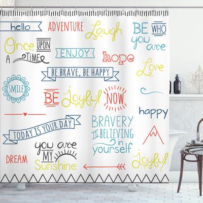 Ambesonne Adventure Shower Curtain, Various Words on Happiness and Self Value Uplifting Phrases Being Who You are, Cloth Fabric Bathroom Decor Set with Hooks, 69" W x 84" L, Sky Blue