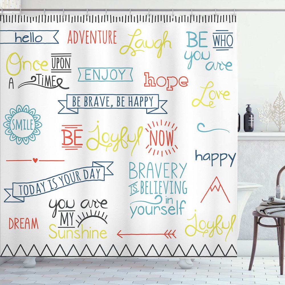 Ambesonne Adventure Shower Curtain, Various Words on Happiness and Self Value Uplifting Phrases Being Who You are, Cloth Fabric Bathroom Decor Set with Hooks, 69" W x 84" L, Sky Blue