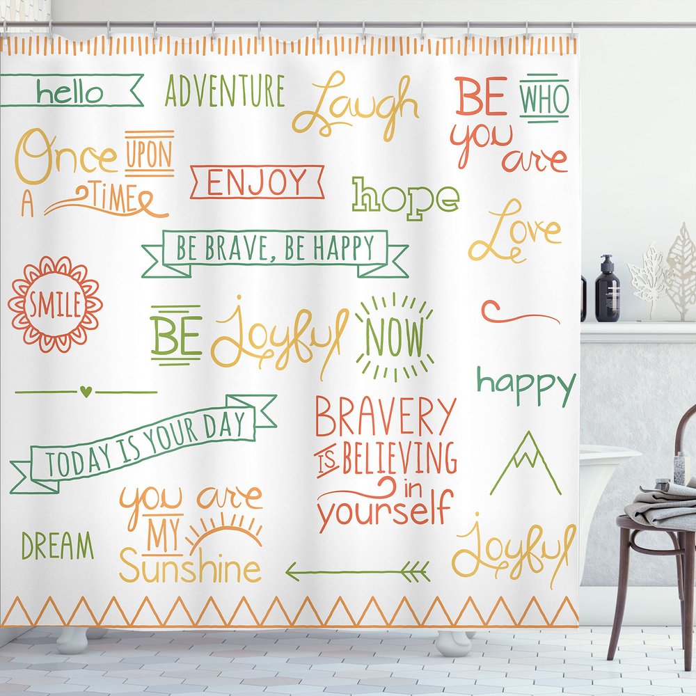 Ambesonne Adventure Shower Curtain, Various Words on Happiness and Self Value Uplifting Phrases Being Who You are, Cloth Fabric Bathroom Decor Set with Hooks, 69" W x 70" L, Sea Green