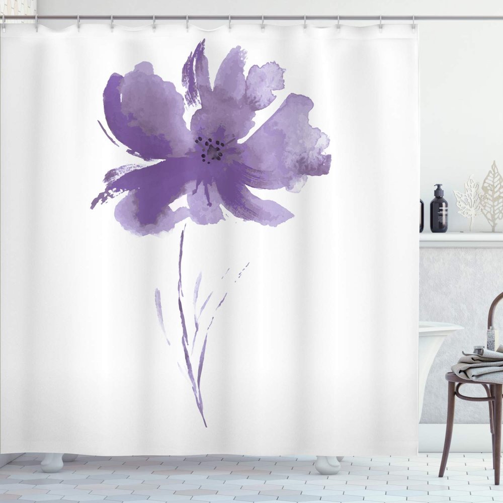 Ambesonne Watercolor Flower Shower Curtain, Single Poppy Flower on Plain Clear Background Nature Inspired Romantic, Cloth Fabric Bathroom Decor Set with Hooks, 69" W x 75" L, Blue Violet