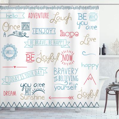 Ambesonne Adventure Shower Curtain, Various Words on Happiness and Self Value Uplifting Phrases Being Who You are, Cloth Fabric Bathroom Decor Set with Hooks, 69" W x 70" L, Pale Blue