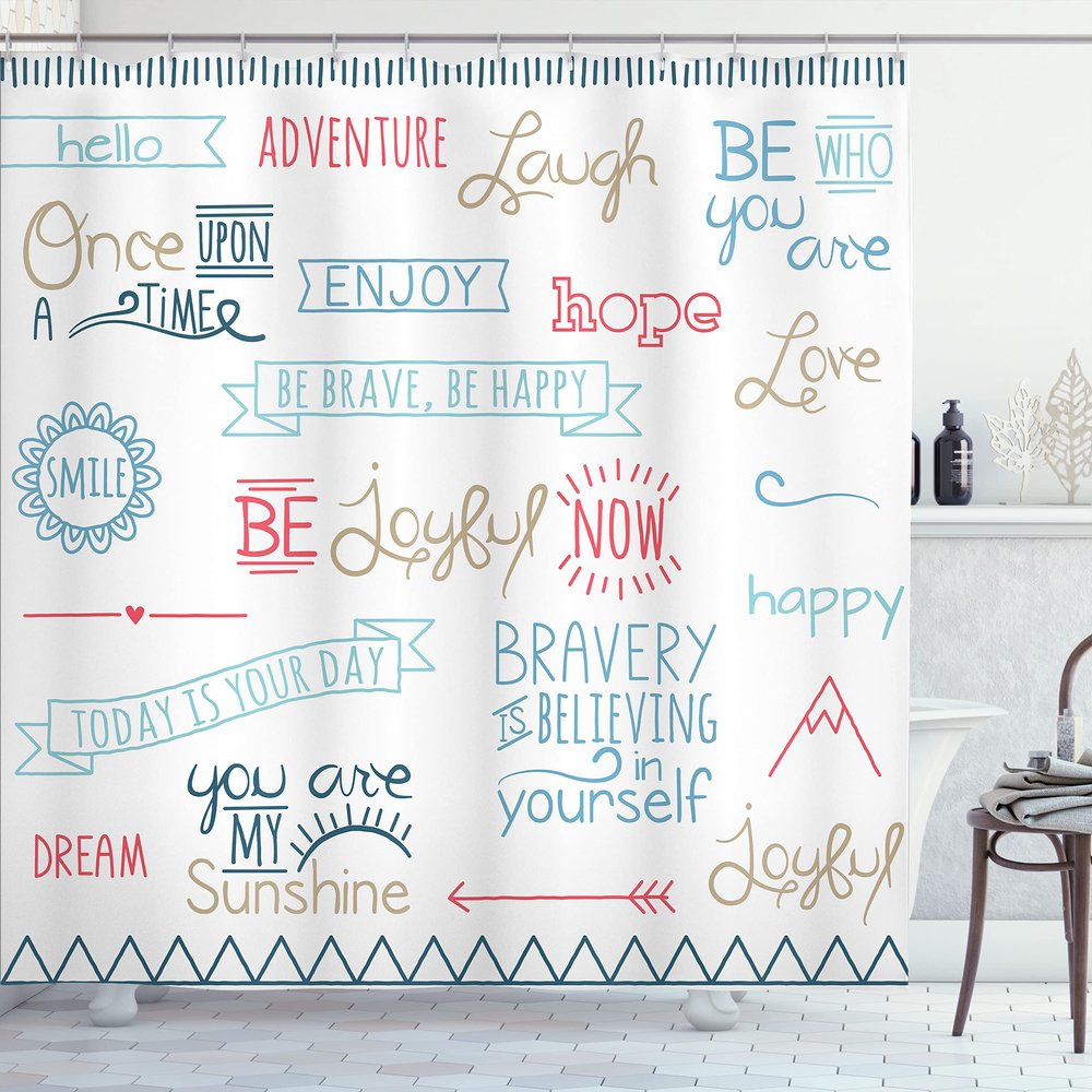 Ambesonne Adventure Shower Curtain, Various Words on Happiness and Self Value Uplifting Phrases Being Who You are, Cloth Fabric Bathroom Decor Set with Hooks, 69" W x 70" L, Pale Blue