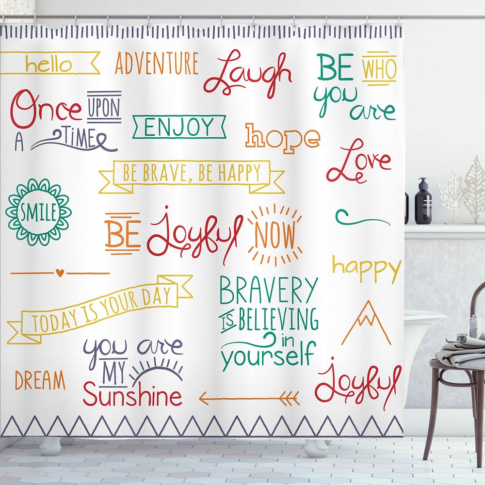Ambesonne Adventure Shower Curtain, Various Words on Happiness and Self Value Uplifting Phrases Being Who You are, Cloth Fabric Bathroom Decor Set with Hooks, 69" W x 70" L, Jade Green