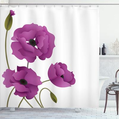 Ambesonne Floral Shower Curtain, Poppy Flowers Vivid Petals Buds Pastoral Purity Mother Earth Nature Design, Cloth Fabric Bathroom Decor Set with Hooks, 69" W x 70" L, Dark Magenta