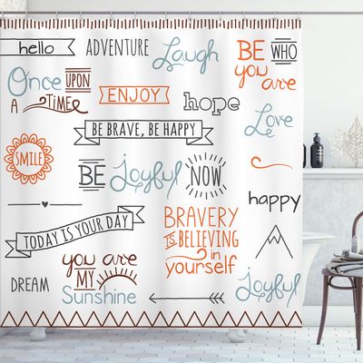 Ambesonne Adventure Shower Curtain, Various Words on Happiness and Self Value Uplifting Phrases Being Who You are, Cloth Fabric Bathroom Decor Set with Hooks, 69" W x 84" L, Orange