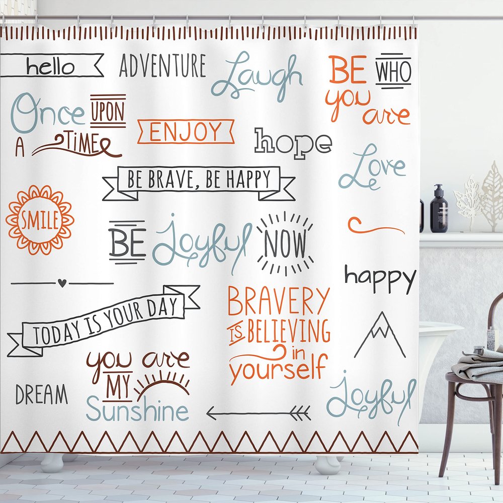 Ambesonne Adventure Shower Curtain, Various Words on Happiness and Self Value Uplifting Phrases Being Who You are, Cloth Fabric Bathroom Decor Set with Hooks, 69" W x 84" L, Orange
