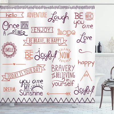 Ambesonne Adventure Shower Curtain, Various Words on Happiness and Self Value Uplifting Phrases Being Who You are, Cloth Fabric Bathroom Decor Set with Hooks, 69" W x 84" L, Pale Maroon