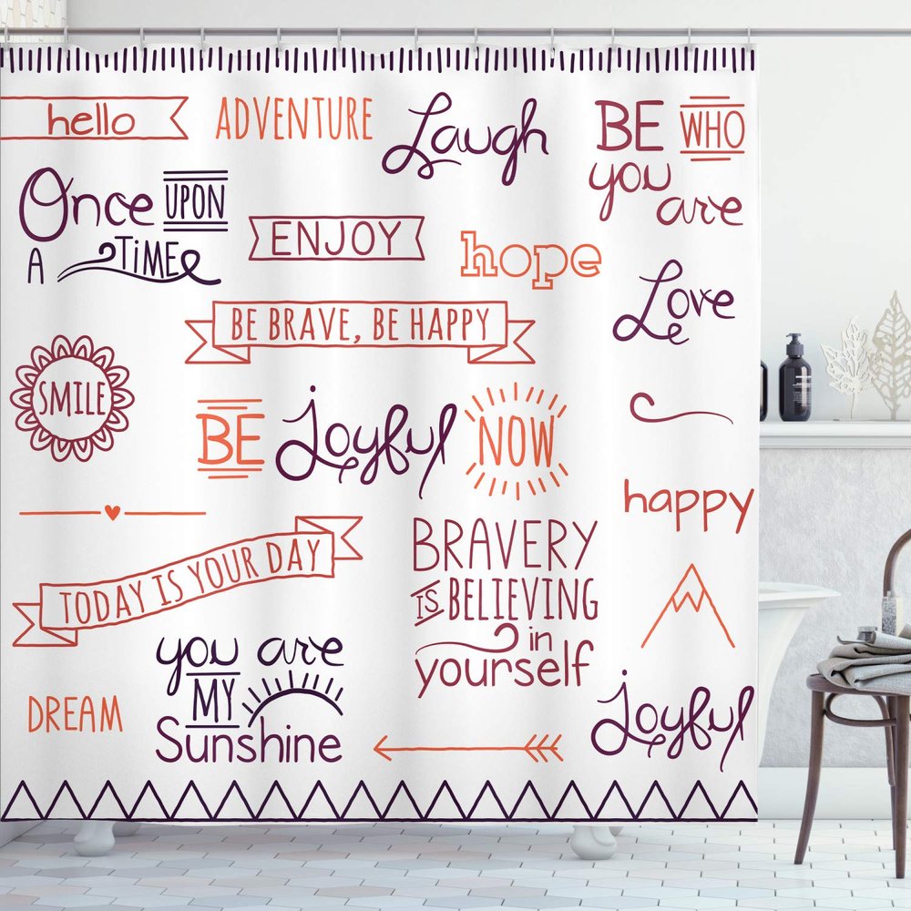 Ambesonne Adventure Shower Curtain, Various Words on Happiness and Self Value Uplifting Phrases Being Who You are, Cloth Fabric Bathroom Decor Set with Hooks, 69" W x 84" L, Pale Maroon