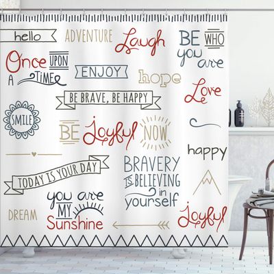 Ambesonne Adventure Shower Curtain, Various Words on Happiness and Self Value Uplifting Phrases Being Who You are, Cloth Fabric Bathroom Decor Set with Hooks, 69" W x 84" L, Night Blue