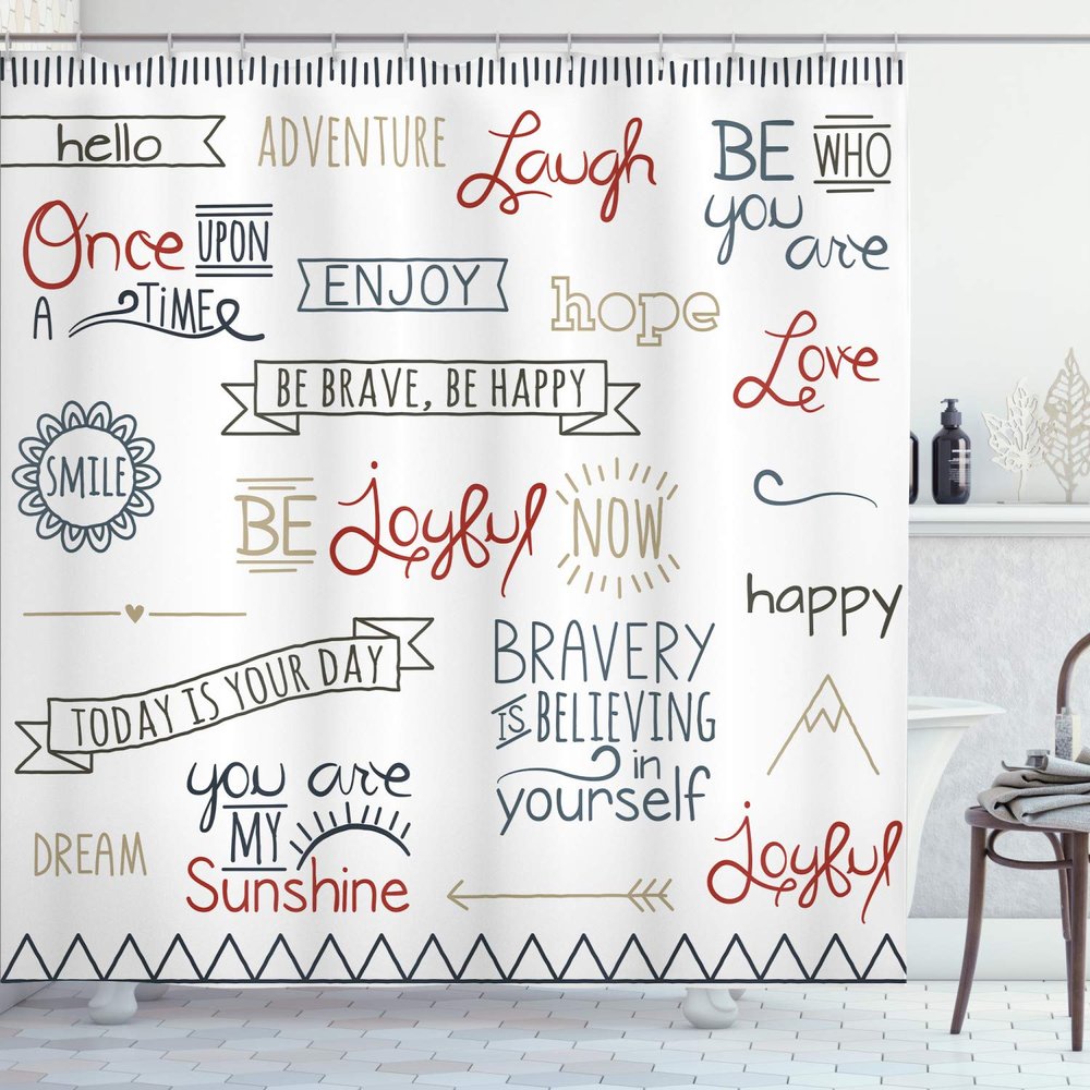 Ambesonne Adventure Shower Curtain, Various Words on Happiness and Self Value Uplifting Phrases Being Who You are, Cloth Fabric Bathroom Decor Set with Hooks, 69" W x 84" L, Night Blue