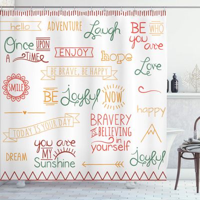 Ambesonne Adventure Shower Curtain, Various Words on Happiness and Self Value Uplifting Phrases Being Who You are, Cloth Fabric Bathroom Decor Set with Hooks, 69" W x 84" L, Dark Coral