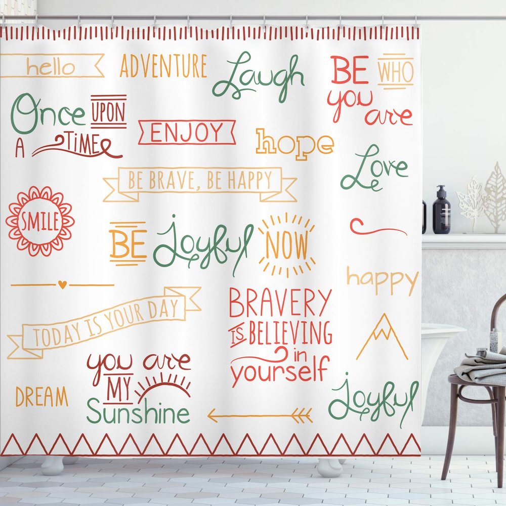 Ambesonne Adventure Shower Curtain, Various Words on Happiness and Self Value Uplifting Phrases Being Who You are, Cloth Fabric Bathroom Decor Set with Hooks, 69" W x 84" L, Dark Coral