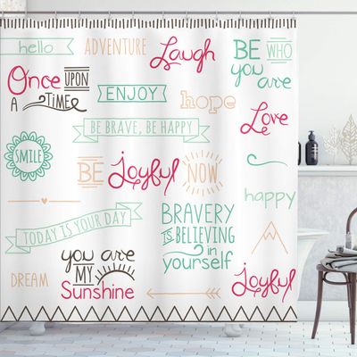 Ambesonne Adventure Shower Curtain, Various Words on Happiness and Self Value Uplifting Phrases Being Who You are, Cloth Fabric Bathroom Decor Set with Hooks, 69" W x 84" L, Dark Pink