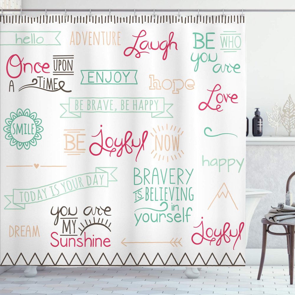 Ambesonne Adventure Shower Curtain, Various Words on Happiness and Self Value Uplifting Phrases Being Who You are, Cloth Fabric Bathroom Decor Set with Hooks, 69" W x 84" L, Dark Pink