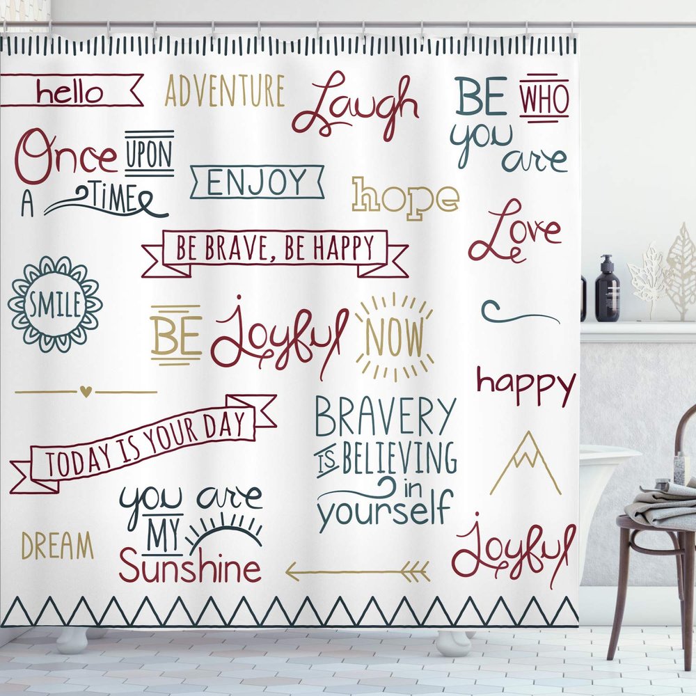 Ambesonne Adventure Shower Curtain, Various Words on Happiness and Self Value Uplifting Phrases Being Who You are, Cloth Fabric Bathroom Decor Set with Hooks, 69" W x 84" L, Chestnut Brown