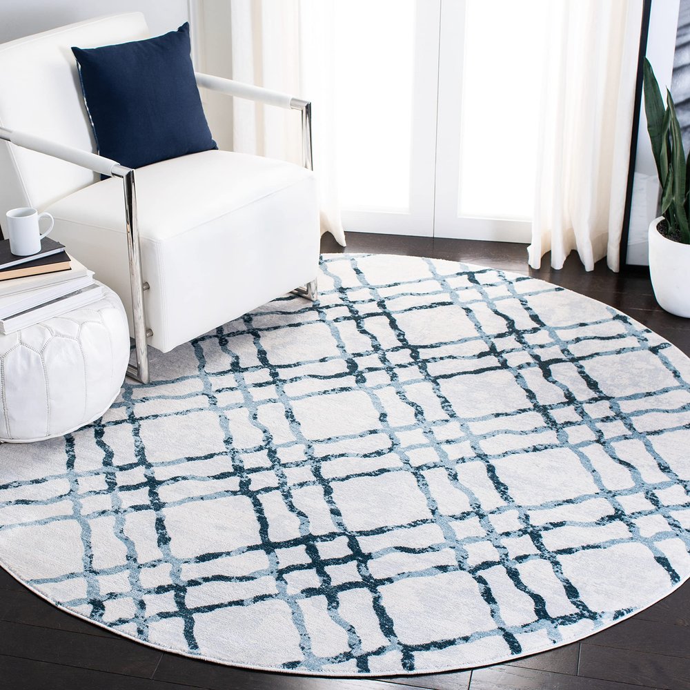 Martha Stewart x SAFAVIEH Area Rug Collection - 6'7" Round, Ivory & Turquoise Blue, Non-Shedding & Easy Cleaning, Ideal for Living Room, Bedroom, Office, Dining Space (MSR0957A)