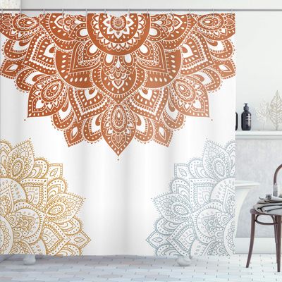 Ambesonne Flora Shower Curtain, South Mandala Design Vibrant Color Ornamental Illustration, Cloth Fabric Bathroom Decor Set with Hooks, 69" W x 75" L, Ginger Camel