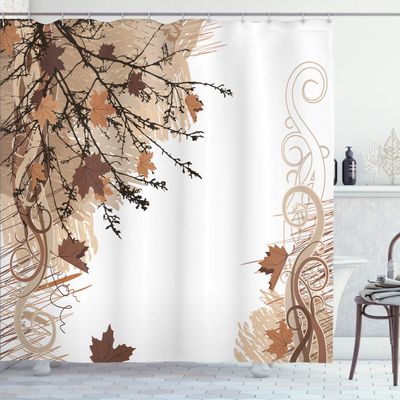 Ambesonne Nature Shower Curtain, Autumn Maple Leaves Branches in Fall Earthen Tones Faded Woodland Art Print, Cloth Fabric Bathroom Decor Set with Hooks, 69" W x 84" L, Pale Brown
