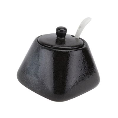 DOITOOL Ceramic Sugar Bowl with Lid and Spoon Set, Spice Storage Jar Salt Pot Condiment Jars, Ceramic Seasoning Container for Home and Kitchen (Black)