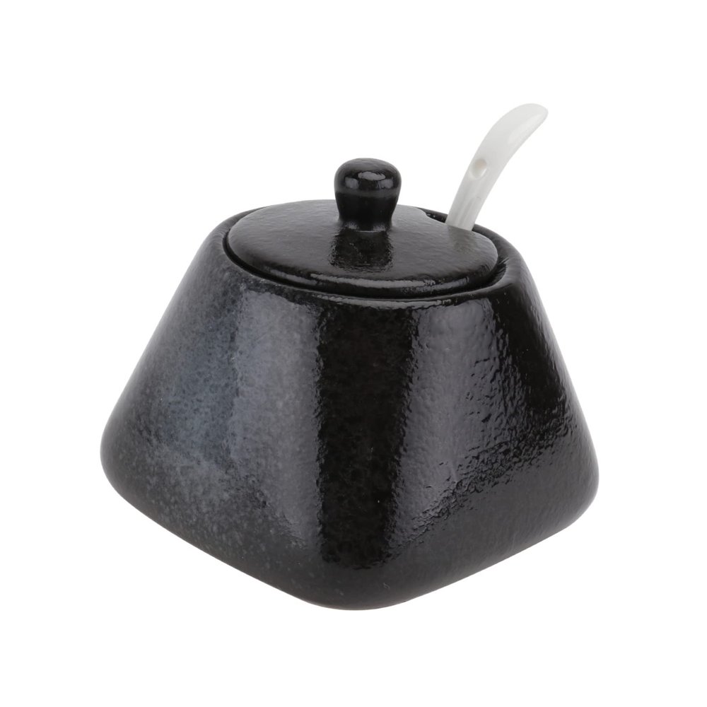 DOITOOL Ceramic Sugar Bowl with Lid and Spoon Set, Spice Storage Jar Salt Pot Condiment Jars, Ceramic Seasoning Container for Home and Kitchen (Black)