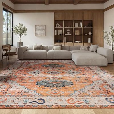 SAFAVIEH Area Rug 8x10 - Madison Collection - Large - Orange & Ivory, Boho Chic Medallion Distressed Design, Non-Shedding & Easy Cleaning, Ideal for Living Room, Bedroom, Dining Space (MAD468P)