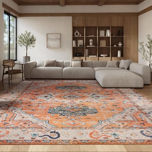 SAFAVIEH Area Rug 8x10 - Madison Collection - Large - Orange & Ivory, Boho Chic Medallion Distressed Design, Non-Shedding & Easy Cleaning, Ideal for Living Room, Bedroom, Dining Space (MAD468P)