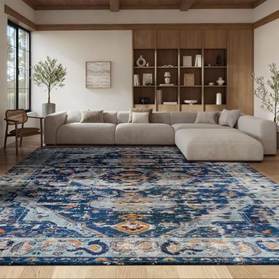 SAFAVIEH Area Rug 8x10 - Madison Collection - Large - Dark Blue & Light Blue, Boho Medallion Distressed Design, Non-Shedding & Easy Cleaning, Ideal for Living Room, Bedroom, Dining Space (MAD468M)