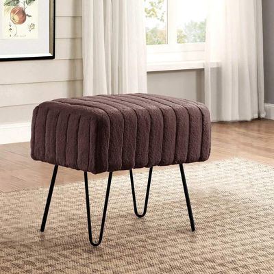 Premium Cabin Lodge Mink Faux Fur Ottoman Bench - 19" X 13" X 17" - Choco Brown Solid Color Metal Hairpin Legs Stripe Pattern Durable Textural Appeal Comfy Soft Footrest Standard Ottoman - Living Room