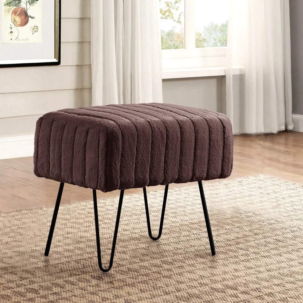 Premium Cabin Lodge Mink Faux Fur Ottoman Bench - 19" X 13" X 17" - Choco Brown Solid Color Metal Hairpin Legs Stripe Pattern Durable Textural Appeal Comfy Soft Footrest Standard Ottoman - Living Room