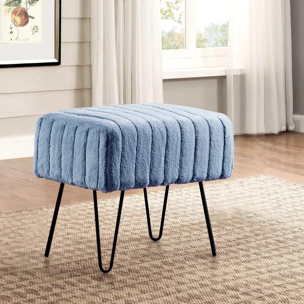 Premium Cabin Lodge Mink Faux Fur Ottoman Bench - 19" X 13" X 17" - Light Blue Solid Color Metal Hairpin Legs Stripe Pattern Durable Textural Appeal Comfy Soft Footrest Standard Ottoman - Living Room