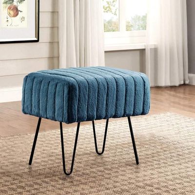 Premium Cabin Lodge Mink Faux Fur Ottoman Bench - 19" X 13" X 17" - Dark Blue Solid Color Metal Hairpin Legs Stripe Pattern Durable Textural Appeal Comfy Soft Footrest Standard Ottoman - Living Room