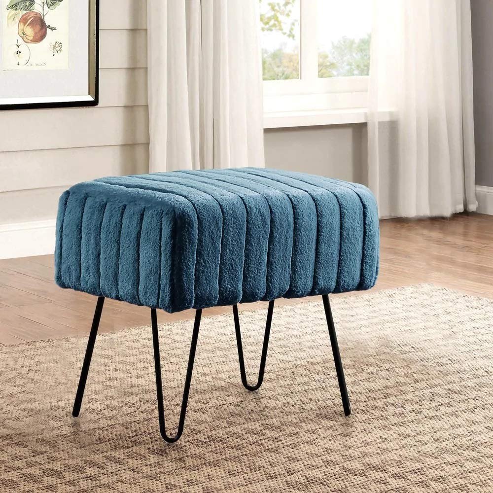 Premium Cabin Lodge Mink Faux Fur Ottoman Bench - 19" X 13" X 17" - Dark Blue Solid Color Metal Hairpin Legs Stripe Pattern Durable Textural Appeal Comfy Soft Footrest Standard Ottoman - Living Room