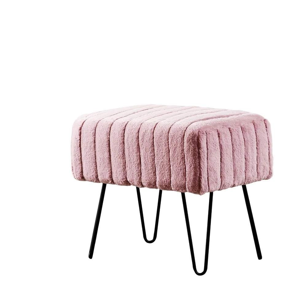 Premium Cabin Lodge Mink Faux Fur Ottoman Bench - 19" X 13" X 17" - Polignac Blush Pink Solid Color Metal Hairpin Legs Stripe Pattern Durable Textural Appeal Comfy Soft Standard Ottoman - Living Room