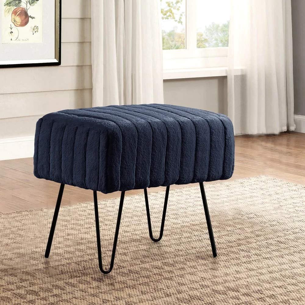 Premium Cabin Lodge Mink Faux Fur Ottoman Bench - 19 X 13 X 17 - Dark Navy Blue Solid Color Metal Hairpin Legs Stripe Pattern Durable Textural Appeal Comfy Soft Footrest Standard Ottoman - Living Room