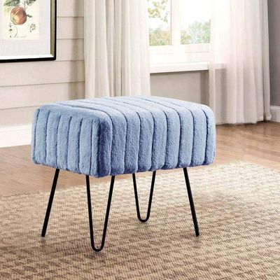 Premium Cabin Lodge Mink Faux Fur Ottoman Bench - 19" X 13" X 17" - Azure Blue Solid Color Metal Hairpin Legs Stripe Pattern Durable Textural Appeal Comfy Soft Footrest Standard Ottoman - Living Room