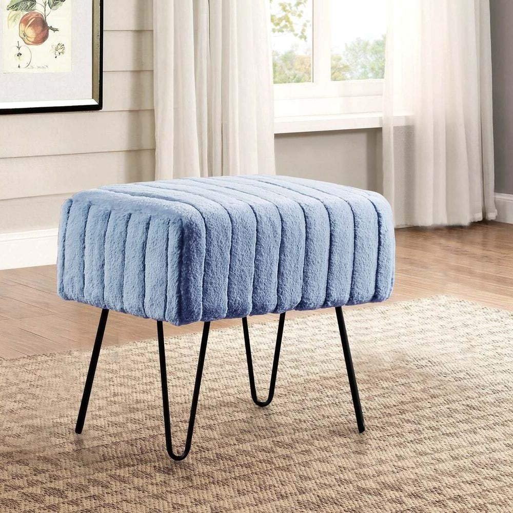 Premium Cabin Lodge Mink Faux Fur Ottoman Bench - 19" X 13" X 17" - Azure Blue Solid Color Metal Hairpin Legs Stripe Pattern Durable Textural Appeal Comfy Soft Footrest Standard Ottoman - Living Room