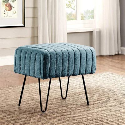 Premium Cabin Lodge Mink Faux Fur Ottoman Bench - 19 X 13 X 17 - Dark Teal Blue Solid Color Metal Hairpin Legs Stripe Pattern Durable Textural Appeal Comfy Soft Footrest Standard Ottoman - Living Room