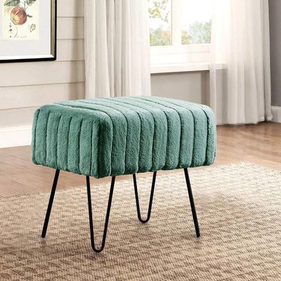 Premium Cabin Lodge Mink Faux Fur Ottoman Bench - 19" X 13" X 17" - Eden Green Solid Color Metal Hairpin Legs Stripe Pattern Durable Textural Appeal Comfy Soft Footrest Standard Ottoman - Living Room