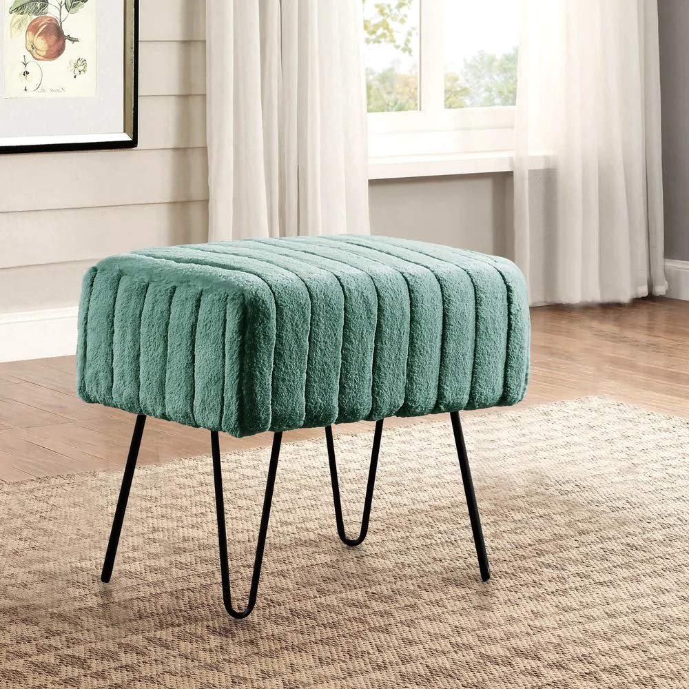 Premium Cabin Lodge Mink Faux Fur Ottoman Bench - 19" X 13" X 17" - Eden Green Solid Color Metal Hairpin Legs Stripe Pattern Durable Textural Appeal Comfy Soft Footrest Standard Ottoman - Living Room