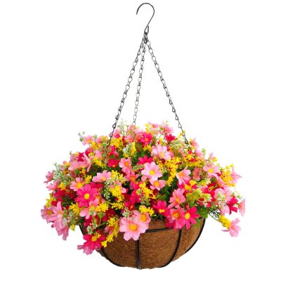 Home and Outdoors Silk Chain Hanging Basket Flowerpot Flowers Artificial Daisy Red Flowers and Pink Flowers (Medium Basket)