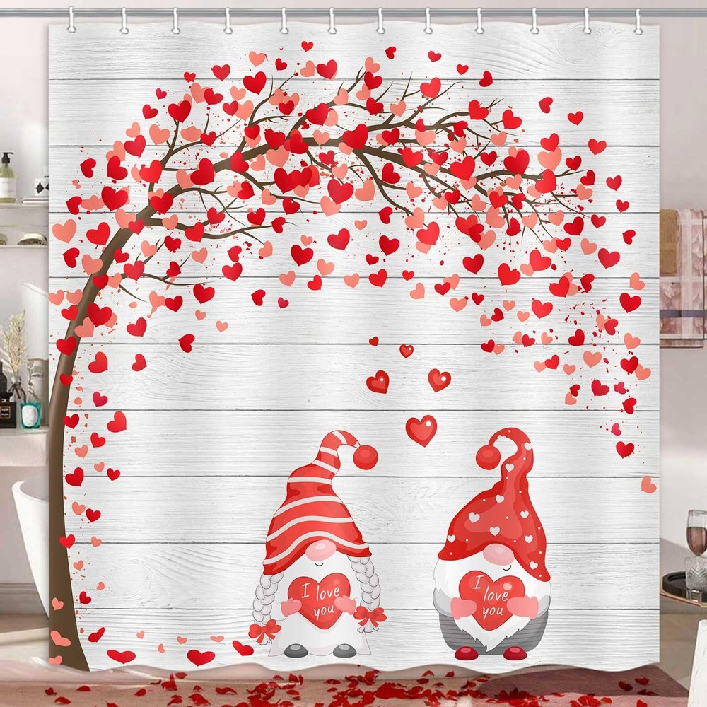 JAWO Valentines Shower Curtain, Romantic Gnome Couple Red Heart Tree Gray Wooden Board Print Bathroom Curtains, Rustic Farmhouse Decorative Fabric Bath Curtain with Hooks Sets, 69X70 Inch