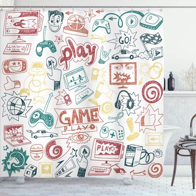 Ambesonne Video Games Shower Curtain, Monochrome Sketch Gaming Design Racing Monitor Device Gadget Teen 90's, Cloth Fabric Bathroom Decor Set with Hooks, 69" W x 70" L, Redbrown Beige