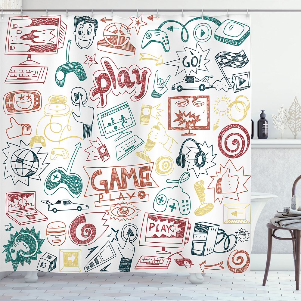 Ambesonne Video Games Shower Curtain, Monochrome Sketch Gaming Design Racing Monitor Device Gadget Teen 90's, Cloth Fabric Bathroom Decor Set with Hooks, 69" W x 70" L, Redbrown Beige