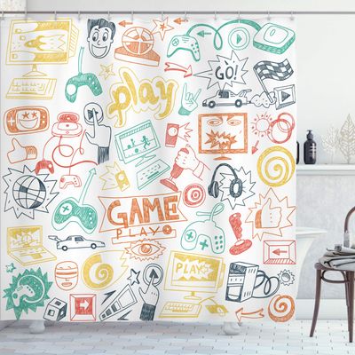 Ambesonne Video Games Shower Curtain, Monochrome Sketch Gaming Design Racing Monitor Device Gadget Teen 90's, Cloth Fabric Bathroom Decor Set with Hooks, 69" W x 70" L, Earth Yellow