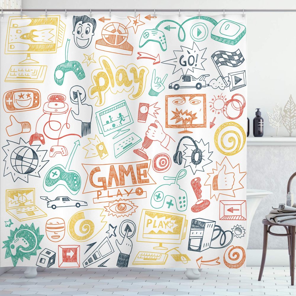 Ambesonne Video Games Shower Curtain, Monochrome Sketch Gaming Design Racing Monitor Device Gadget Teen 90's, Cloth Fabric Bathroom Decor Set with Hooks, 69" W x 70" L, Earth Yellow