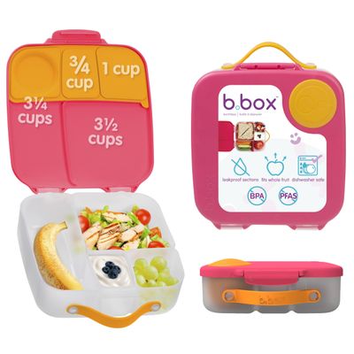 b.box Lunch Box for Big Eaters All Ages - 8.5 Cup Leak Proof Bento Box with 4 Compartments, School Lunch Container with Ice Pack, Dishwasher Safe, BPA-Free, PFAS-Free - Strawberry Shake