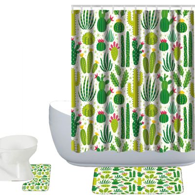 Amagical Floral Design Green Succulents and Cactuses Pattern 3 Piece Bathroom Mat Set Shower Curtain Set Bath Mat Contour Mat Shower Curtian 12 Hooks